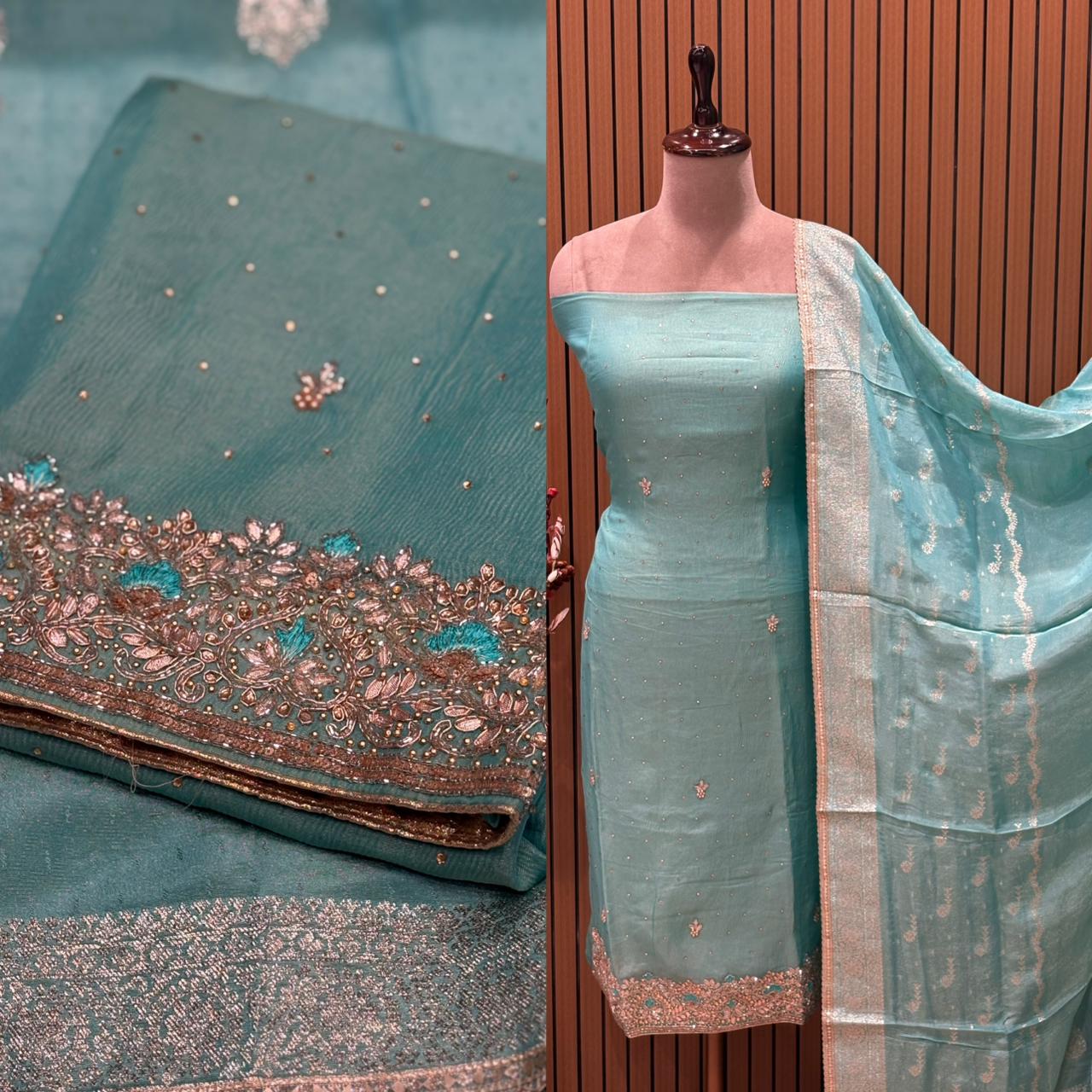 Unveil festive elegance with our luxurious unstitched suit