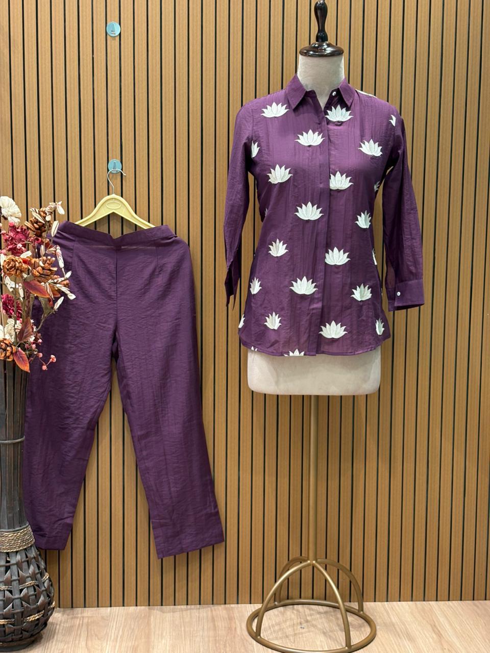Elegant purple co-ord set features a smart collared shirt