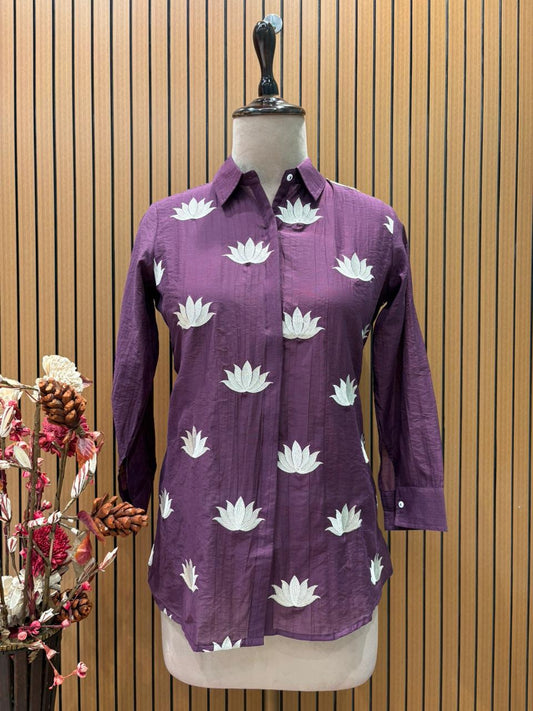 Elegant purple co-ord set features a smart collared shirt