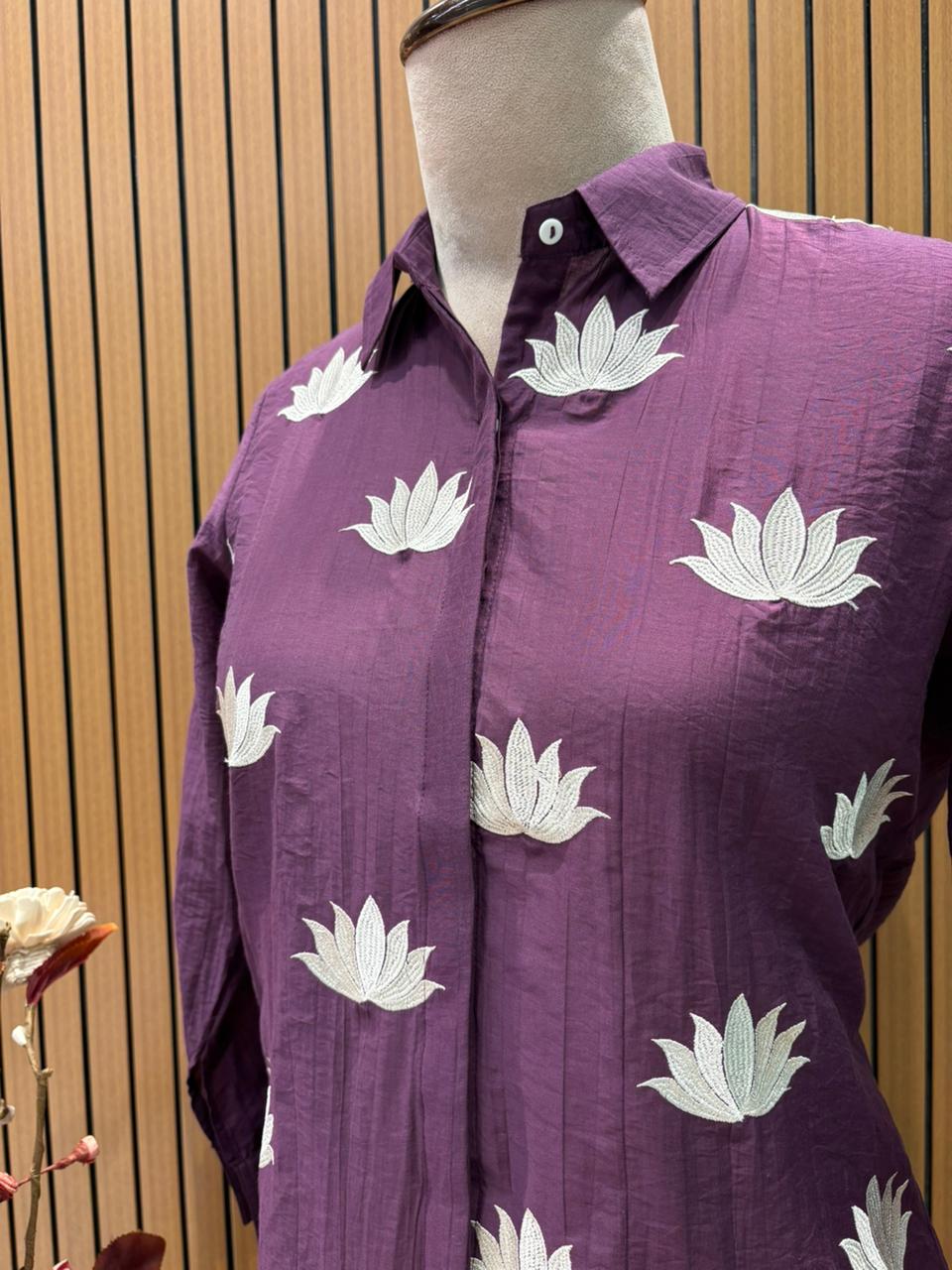 Elegant purple co-ord set features a smart collared shirt