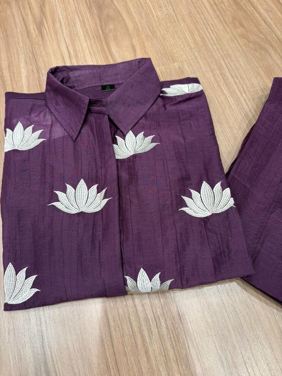 Elegant purple co-ord set features a smart collared shirt