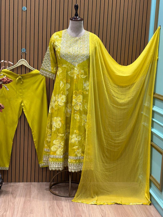 Bright lemon yellow Anarkali suit set is a summer delight