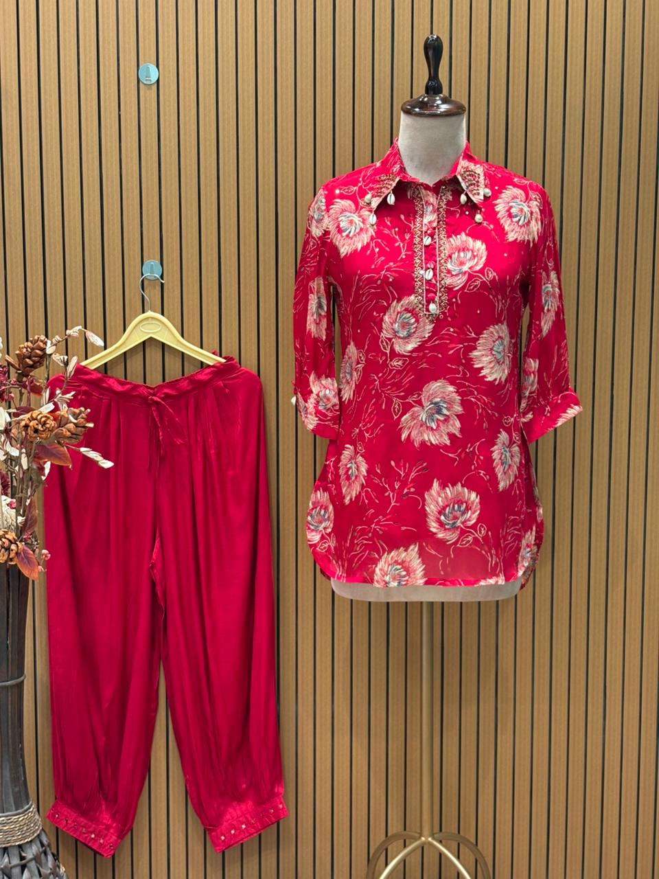 Floral co-ord sets in firozi blue and vibrant maroon red bring a fresh
