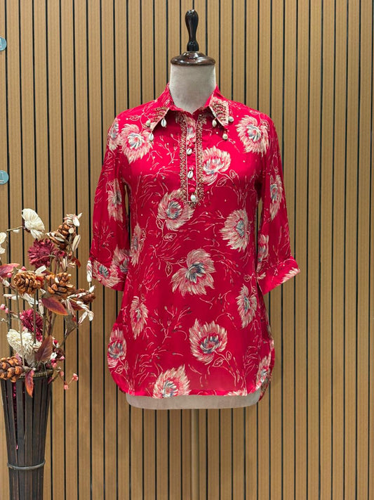 Floral co-ord sets in firozi blue and vibrant maroon red bring a fresh