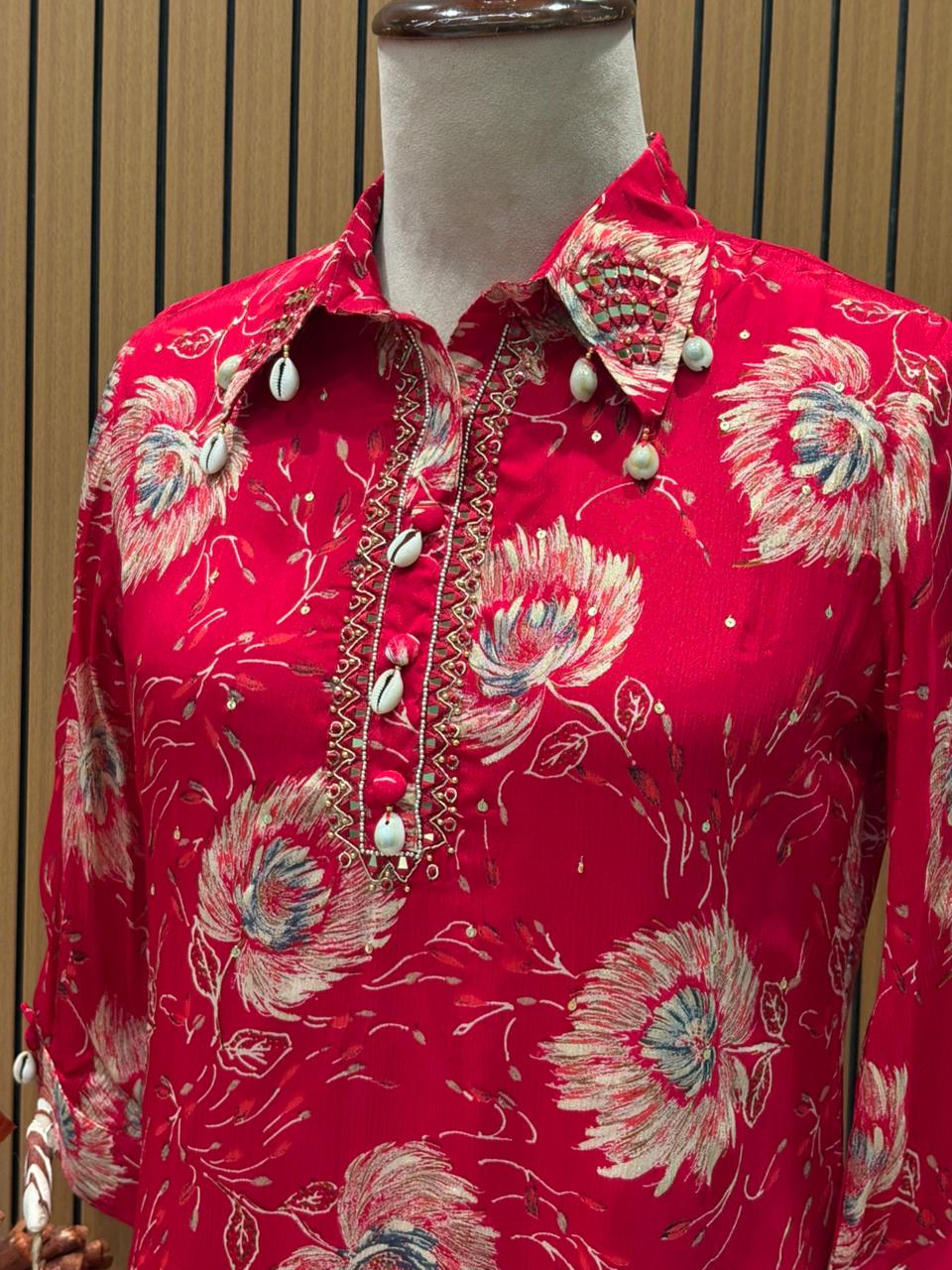 Floral co-ord sets in firozi blue and vibrant maroon red bring a fresh