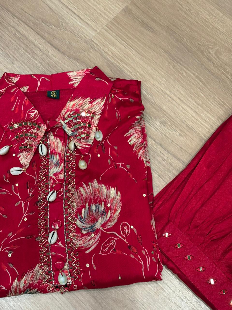 Floral co-ord sets in firozi blue and vibrant maroon red bring a fresh