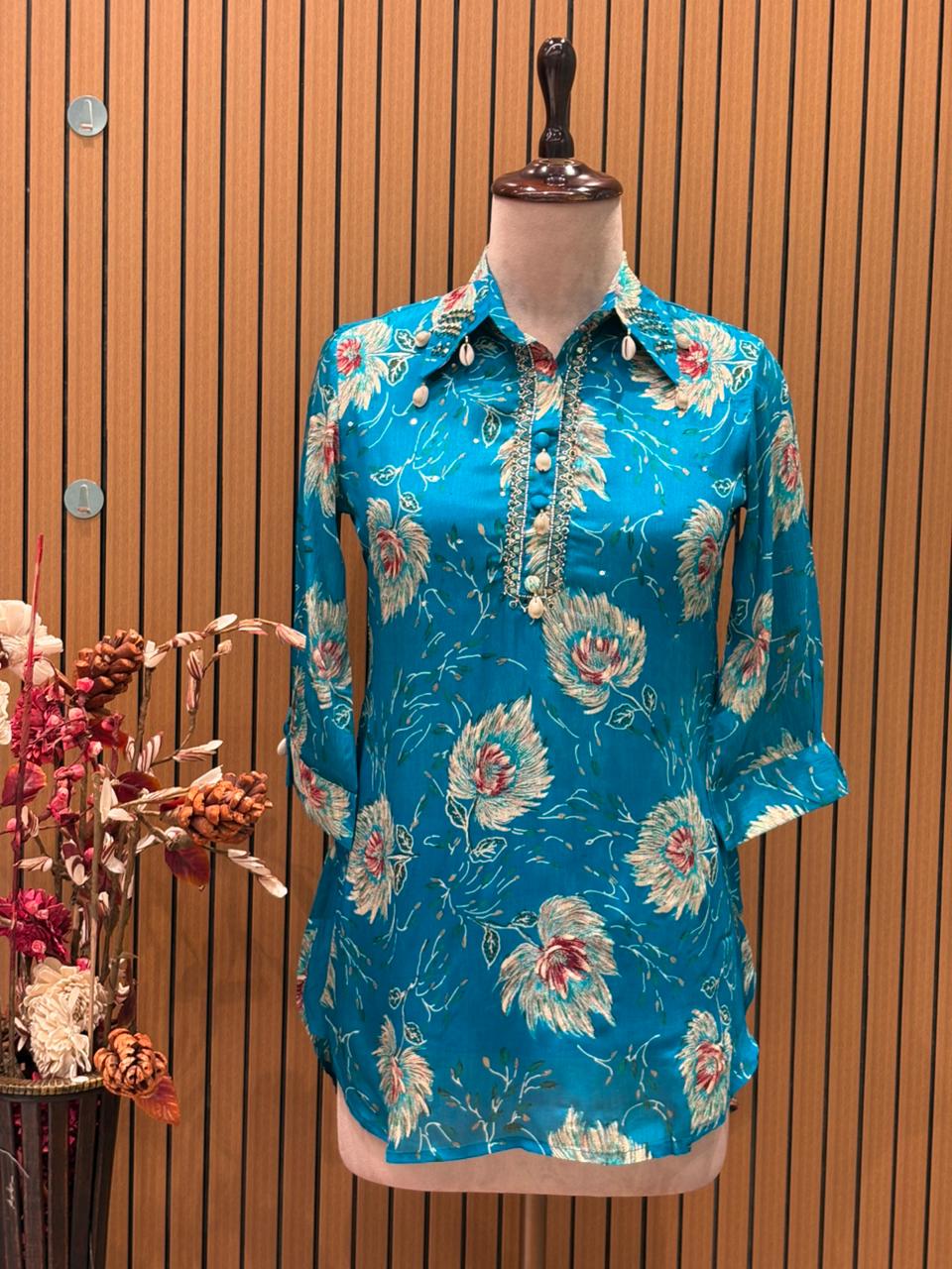 Floral co-ord sets in firozi blue and vibrant maroon red bring a fresh
