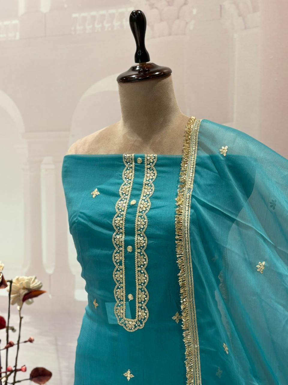 Elevate your ethnic charm with this elegant unstitched suit set