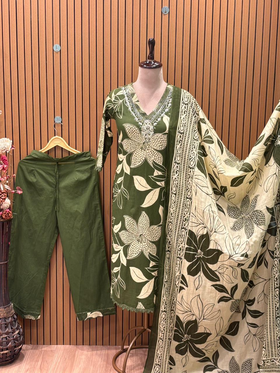 Elegant green cotton kurti with bold floral print