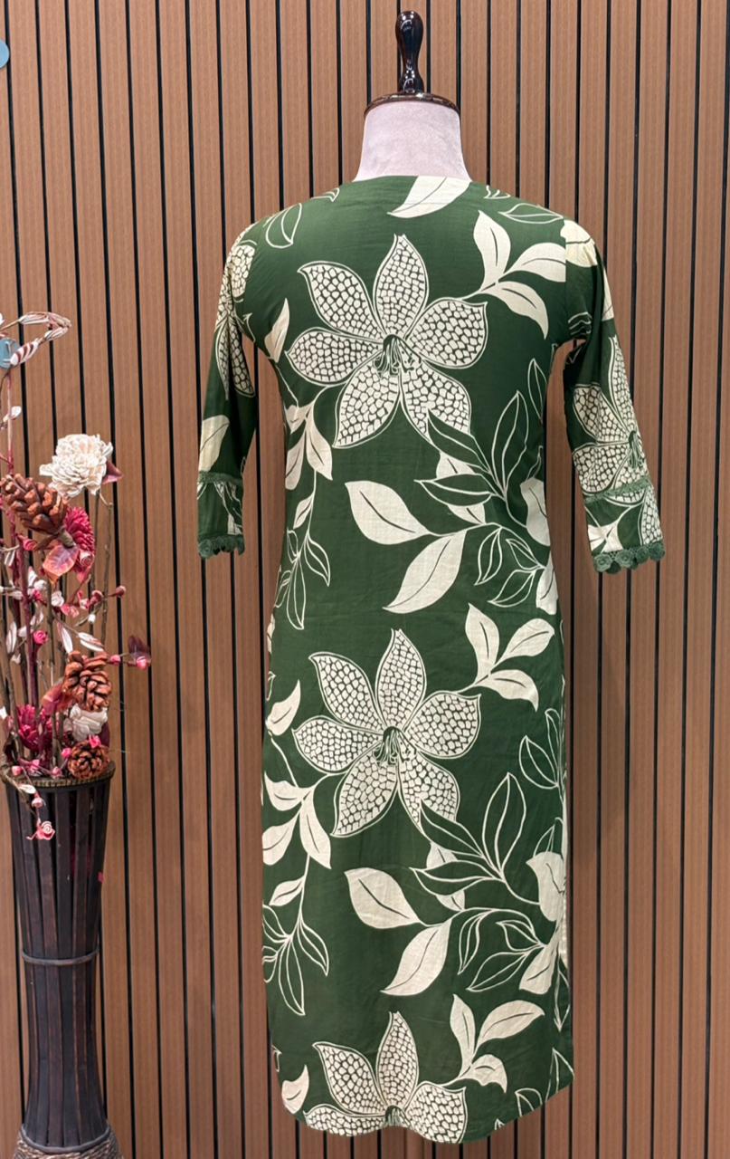 Elegant green cotton kurti with bold floral print