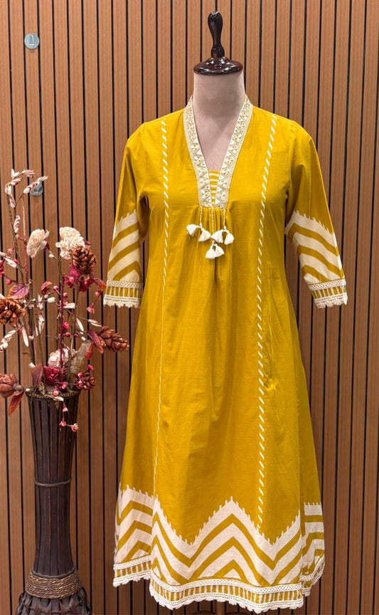 Mustard yellow cotton A-line kurti with chic chevron print