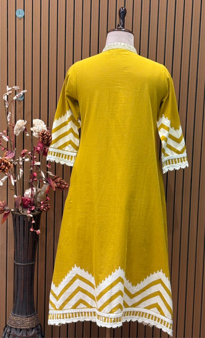 Mustard yellow cotton A-line kurti with chic chevron print