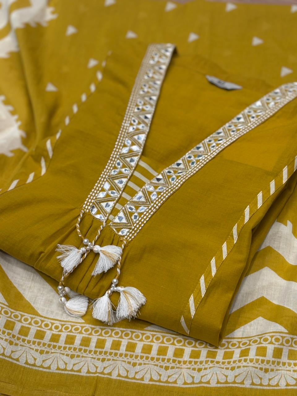 Mustard yellow cotton A-line kurti with chic chevron print