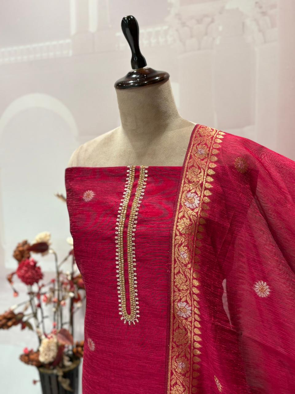 Elevate your ethnic elegance with our luxurious unstitched suit set