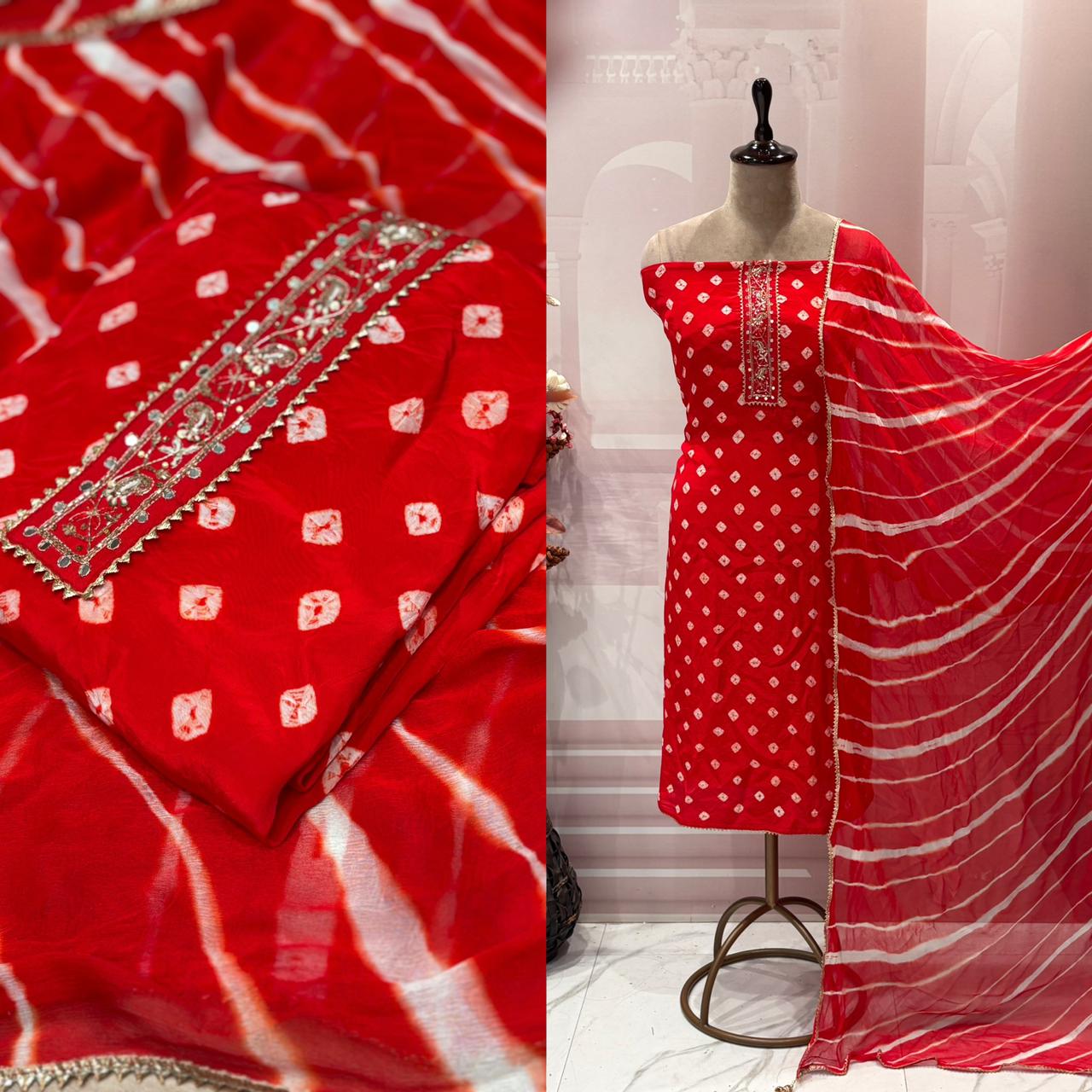 Unstitched elegance meets tradition in this stunning Bandhej print suit set