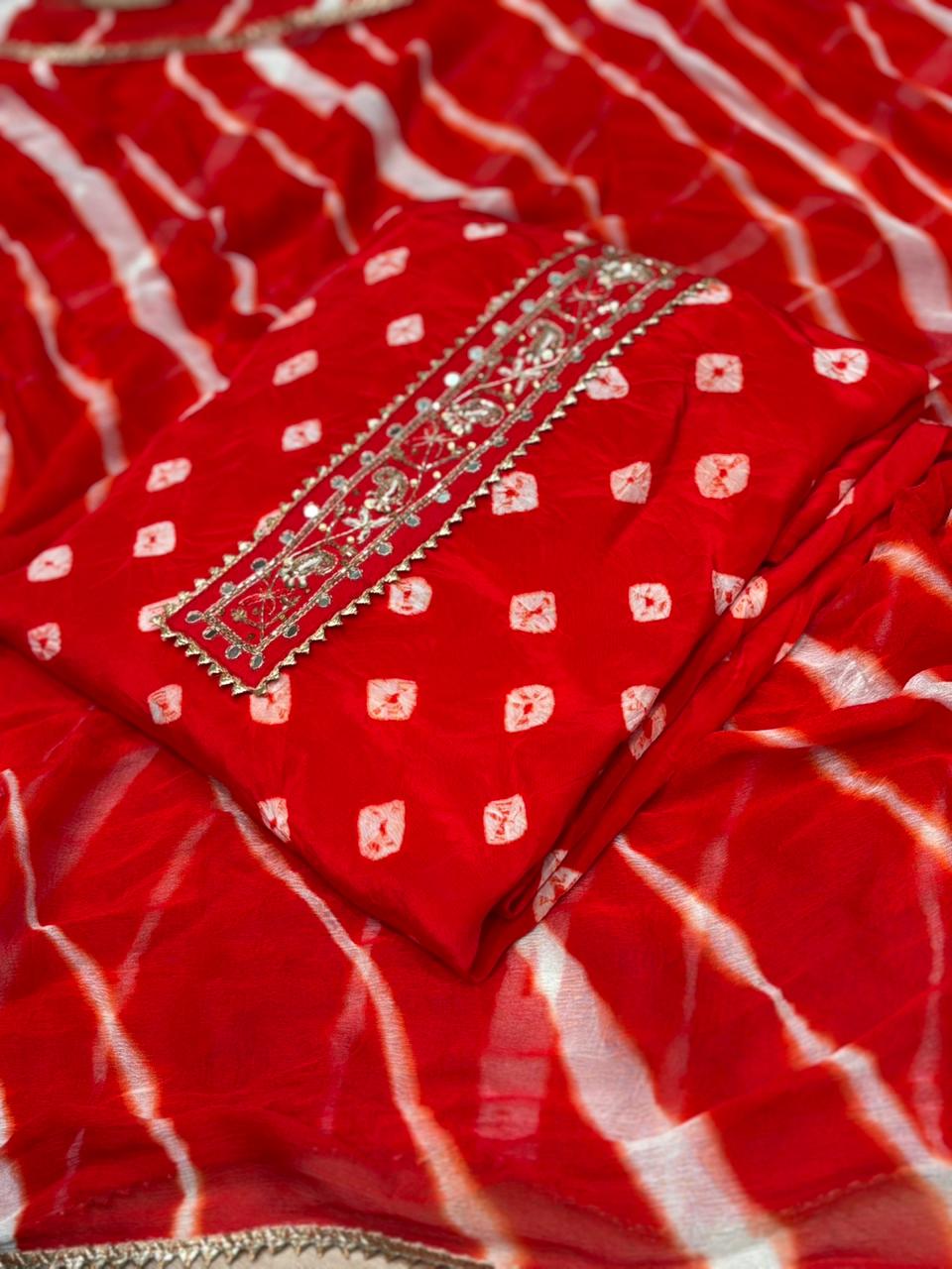 Unstitched elegance meets tradition in this stunning Bandhej print suit set