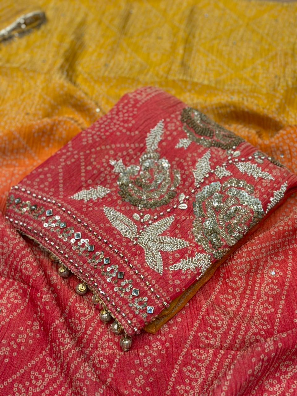Exquisite unstitched suit set is crafted from premium crush tissue shimmer fabric