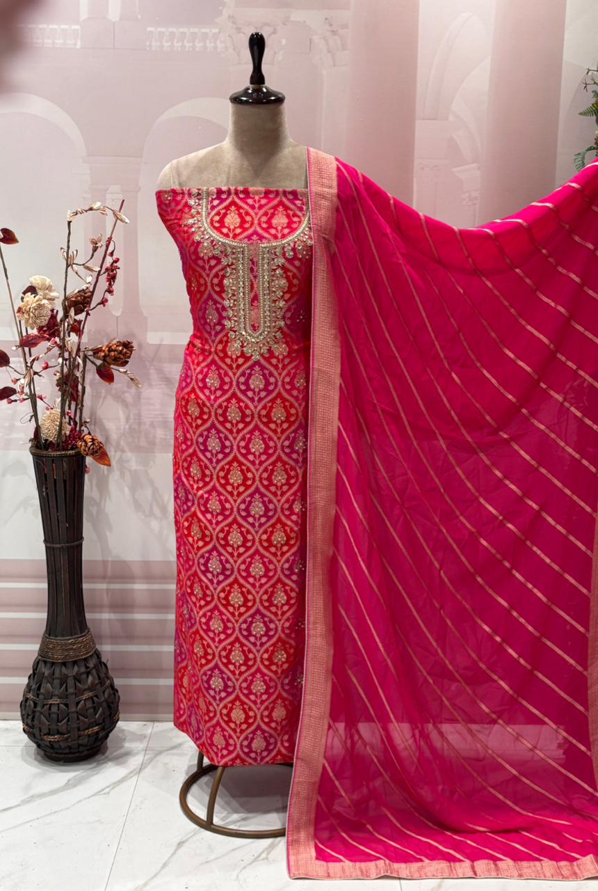 Indulge in timeless elegance with our pure Khaddi Georgette unstitched suit
