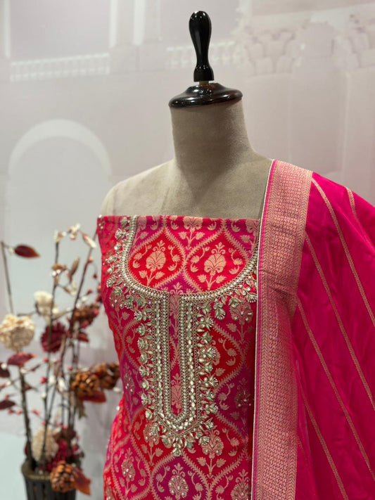 Indulge in timeless elegance with our pure Khaddi Georgette unstitched suit