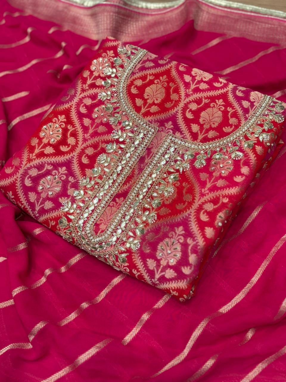 Indulge in timeless elegance with our pure Khaddi Georgette unstitched suit