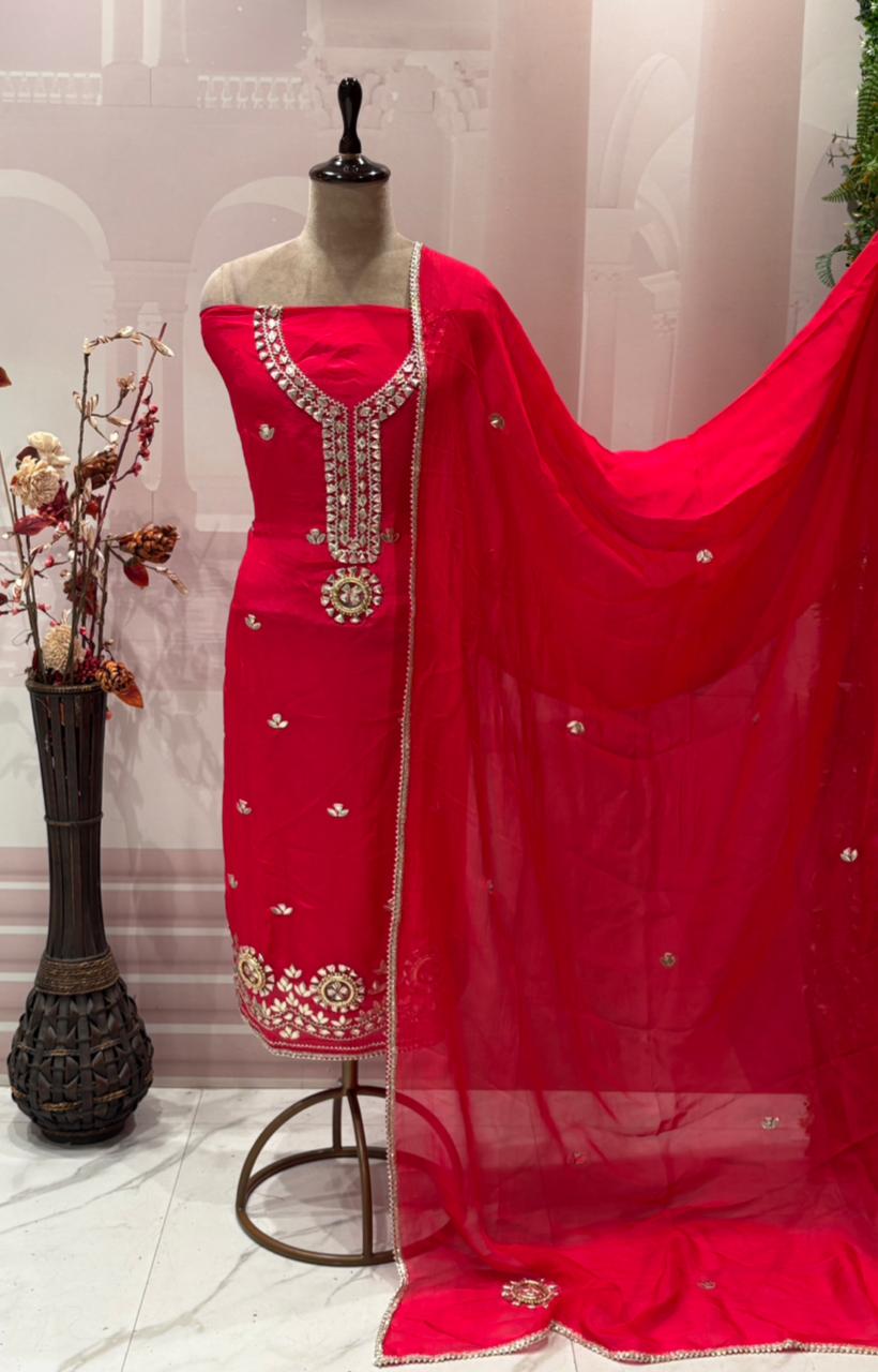 Elevate your festive style with our luxurious unstitched suit