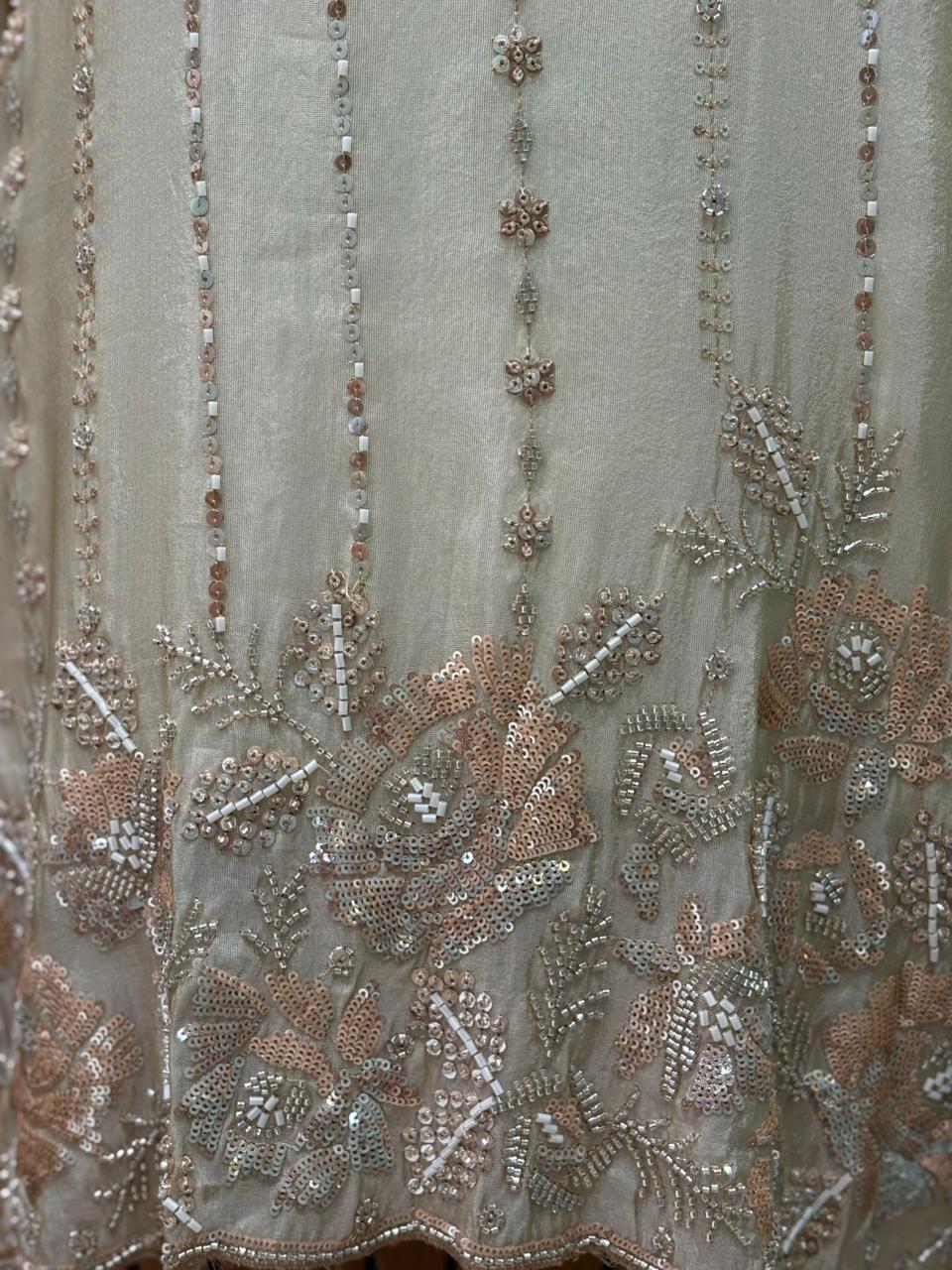 Elegant short kurti in premium tissue shimmer with intricate handwork