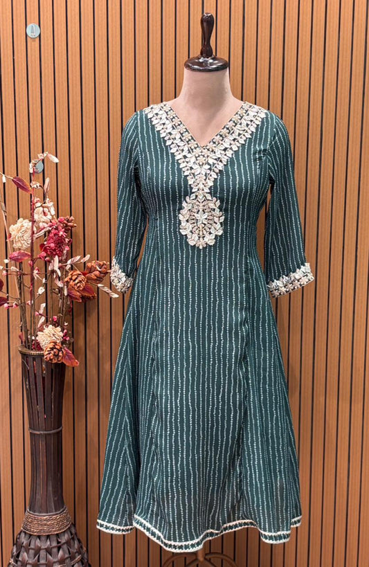 Elegant Chinon Anarkali suit set in deep green, gota Patti