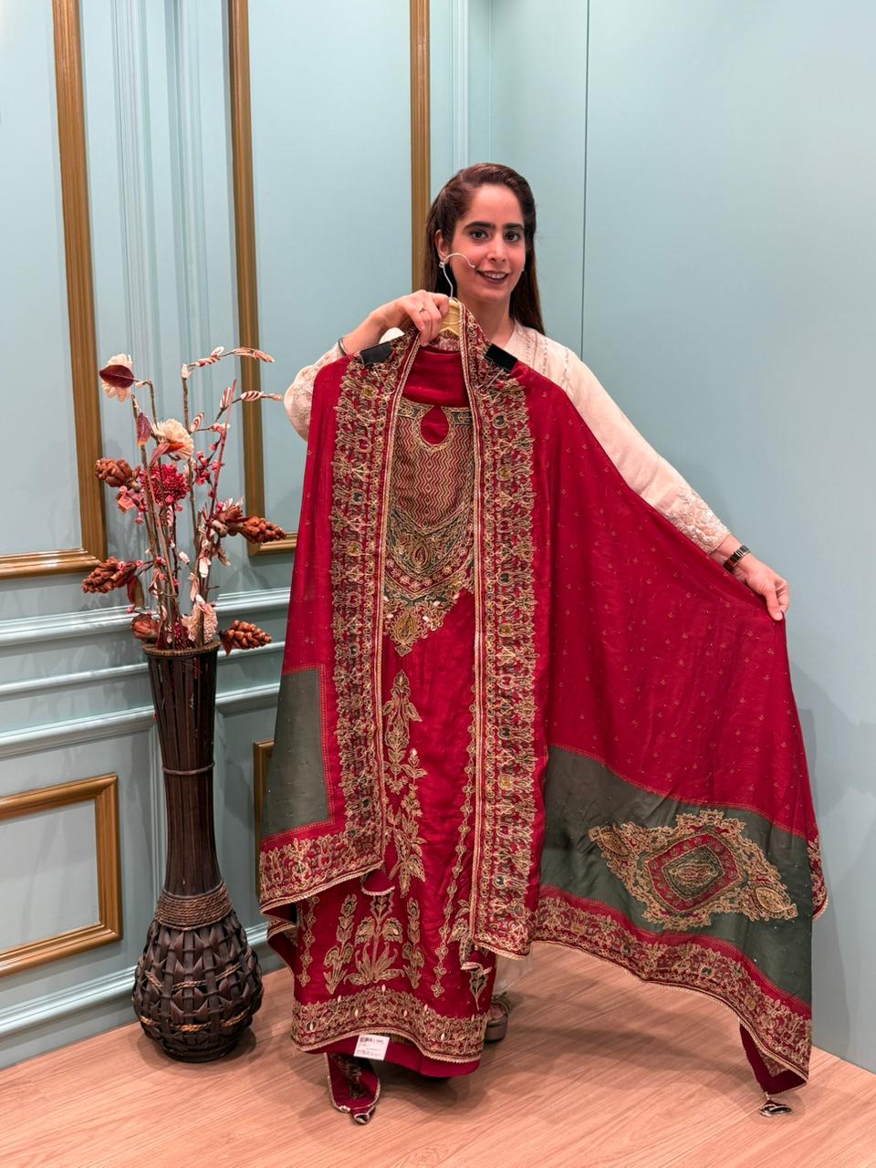 Elevate your festive wardrobe with our luxurious unstitched suit