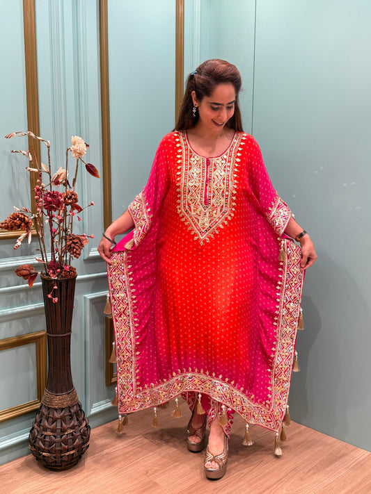 Redefine festive elegance with our stunning kaftan set crafted in luxurious crape fabric