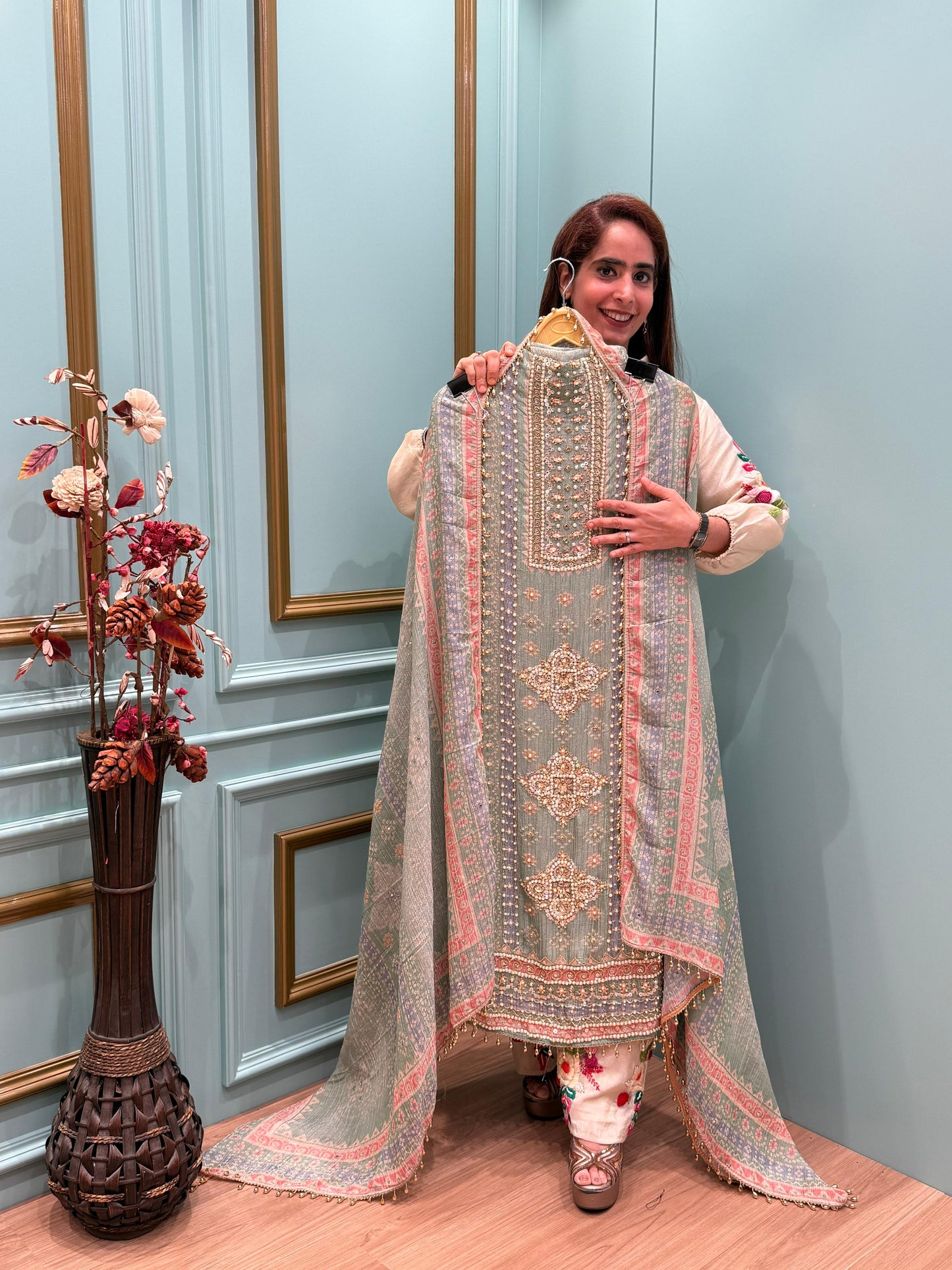 Elegance with our unstitched suit collection crafted in rich crush tissue shimmer