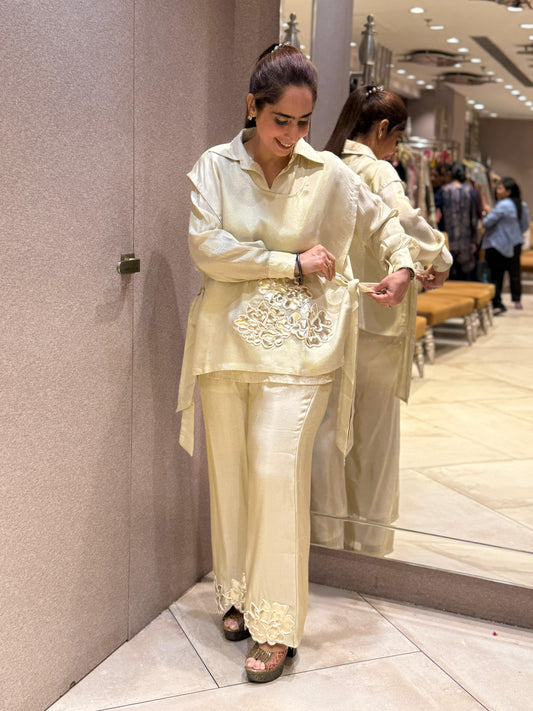 Chic Tissue Shimmer Cord-Set with floral appliqué detailing,