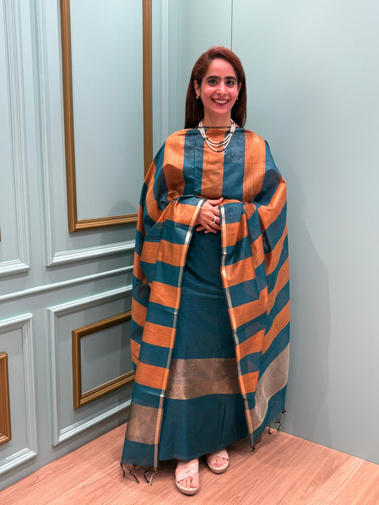 Discover timeless charm with our unstitched suit set crafted in Mul Chanderi