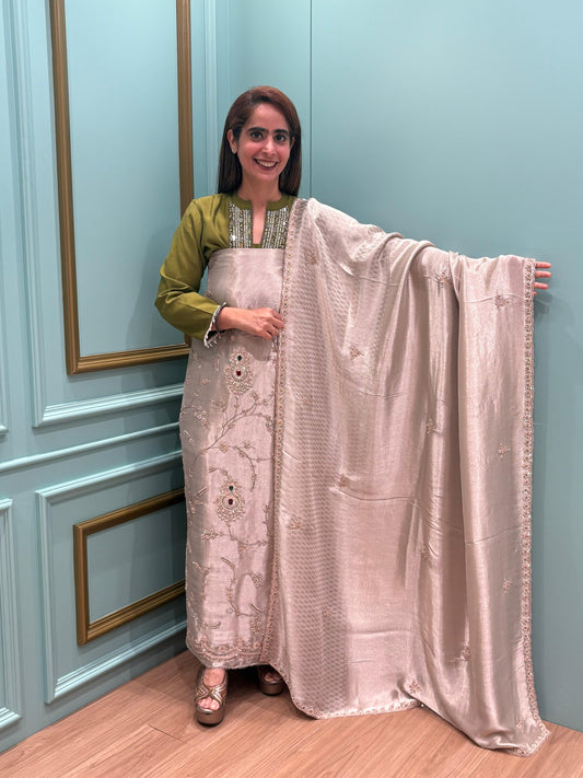 Step into timeless elegance with our luxurious pure tissue unstitched suit,