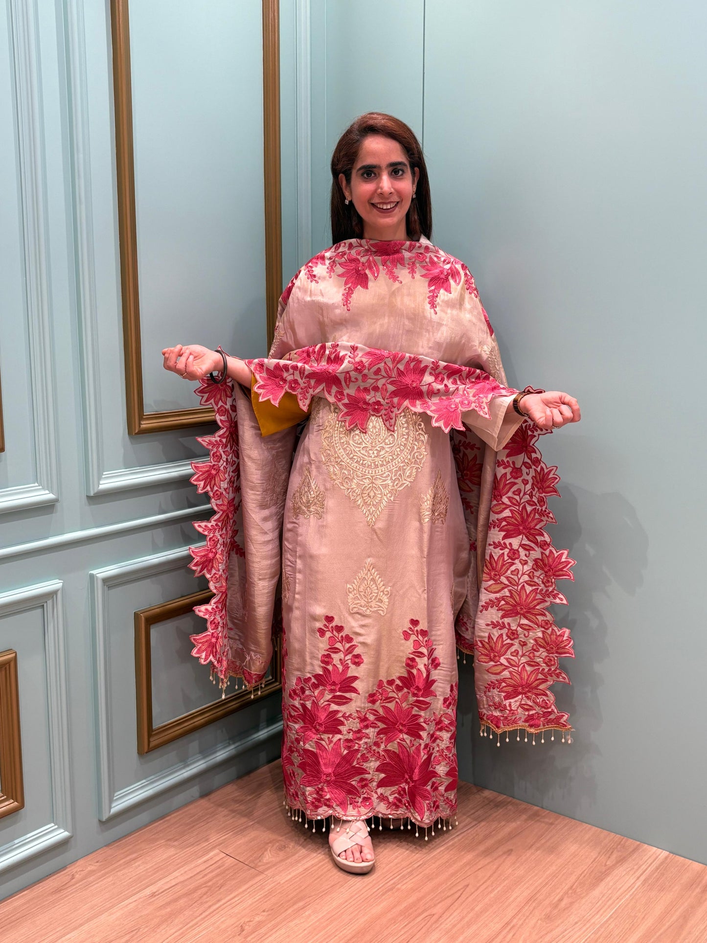 Step into elegance with our premium unstitched organza shimmer suits