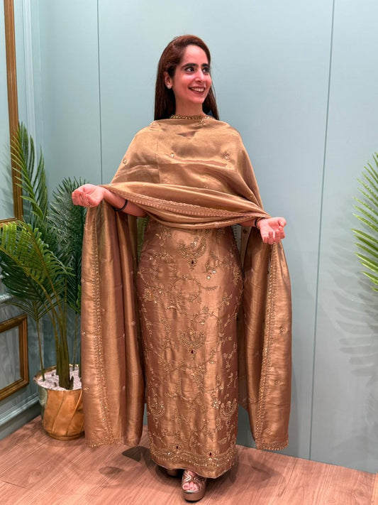 Elevate your ethnic wardrobe with our unstitched organza shimmer suit set