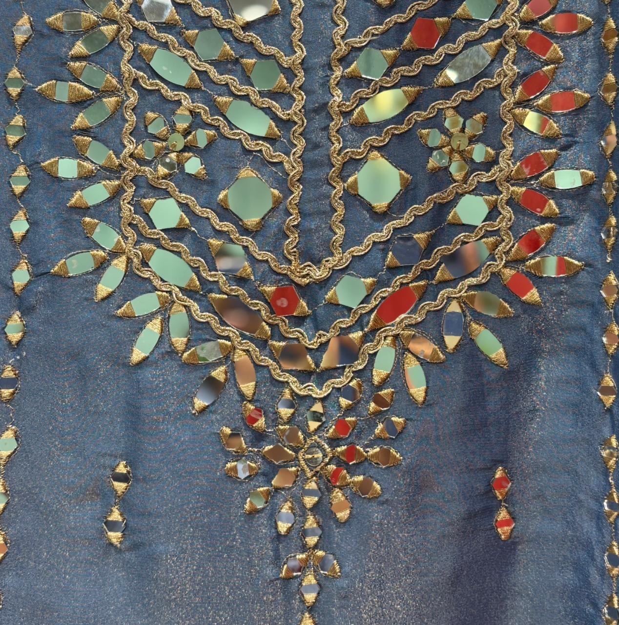 Organza Shimmer Unstitched Suit featuring all-over mirror work