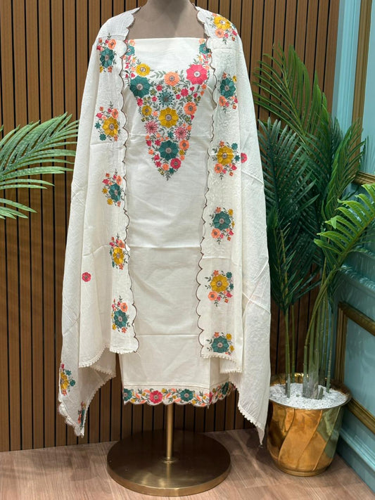 Elegant unstitched suit set is crafted in soft cotton fabric