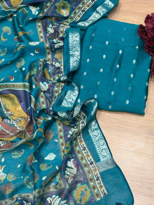 Elegant unstitched fabric suit is crafted with a premium Maheshwari fabric