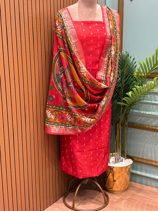 Elegant unstitched fabric suit is crafted with a premium Maheshwari fabric