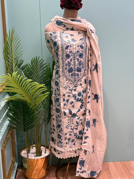 Graceful unstitched suit set is crafted in premium linen cotton fabric