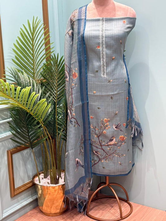 Exquisite unstitched suit is crafted in soft and breathable linen cotton