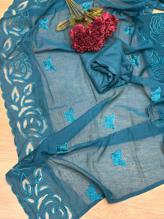 Elegant unstitched suit is crafted in premium muslin cotton