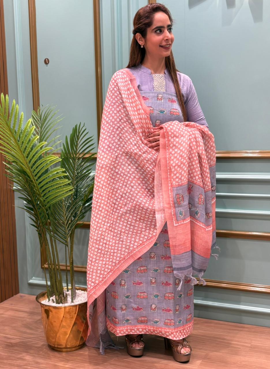 Elegant unstitched suit crafted in pure linen cotton fabric