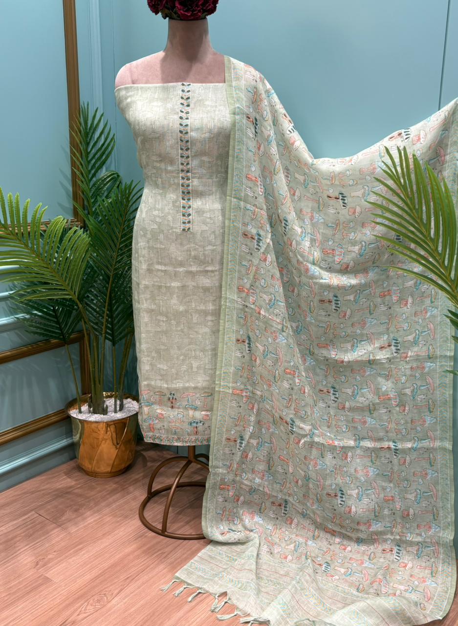 Elegant unstitched suit crafted in pure linen cotton fabric