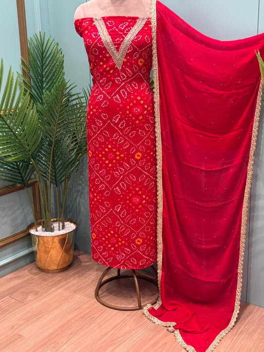 Elegant unstitched suit set is crafted in premium Chinon fabric