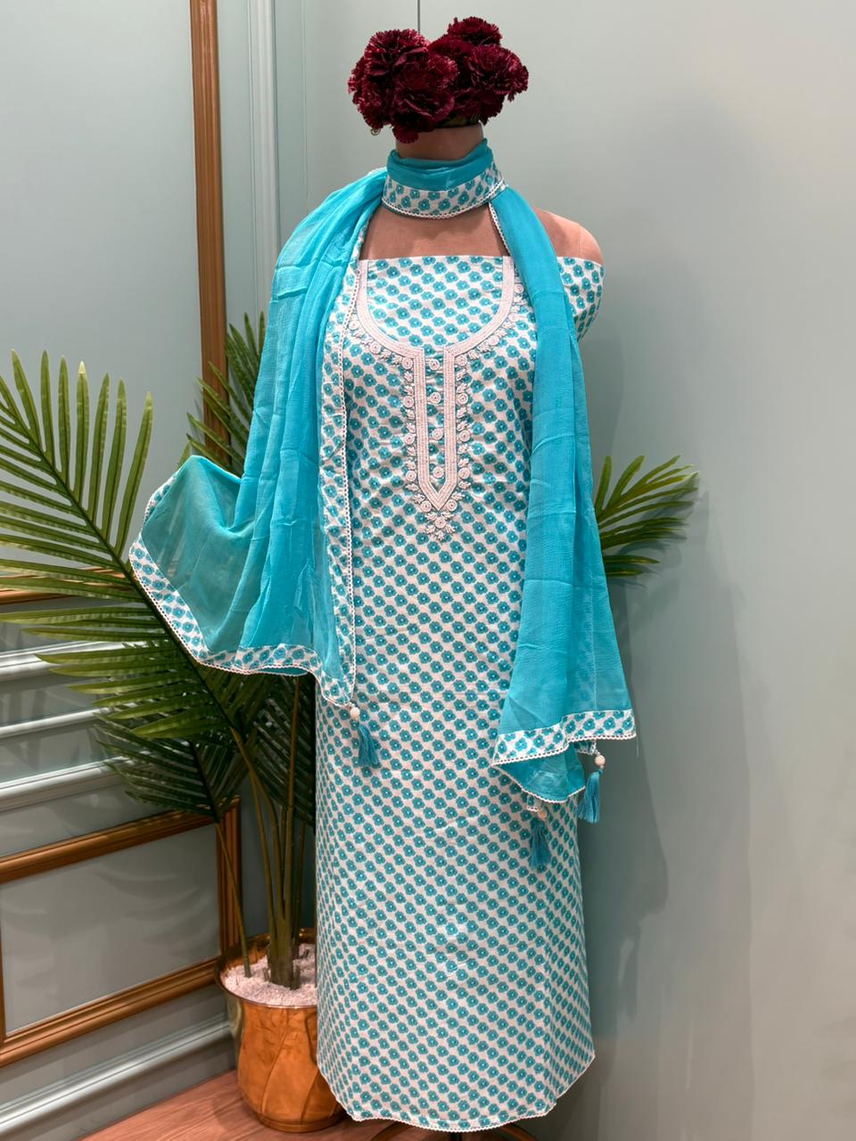 Beautiful unstitched cotton suit set designed for comfort