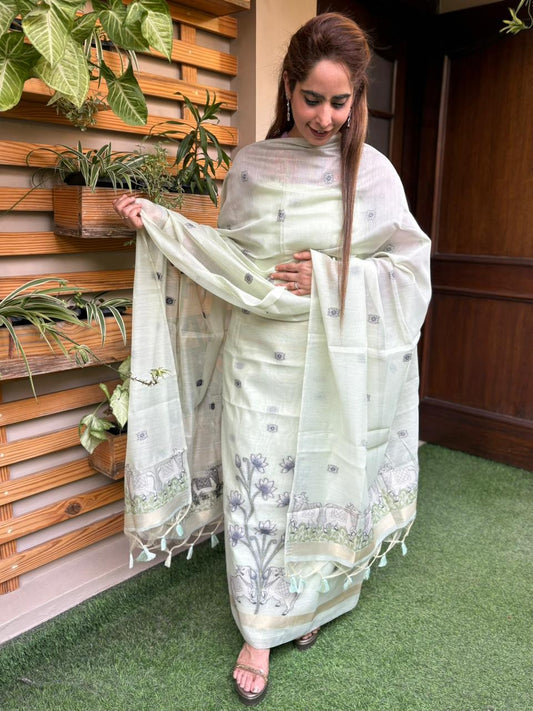 Unstitched suit set is crafted in premium Jamdani cotton fabric