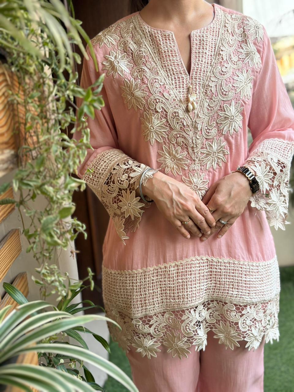 Elegant cord set is crafted in soft and breathable mul cotton fabric