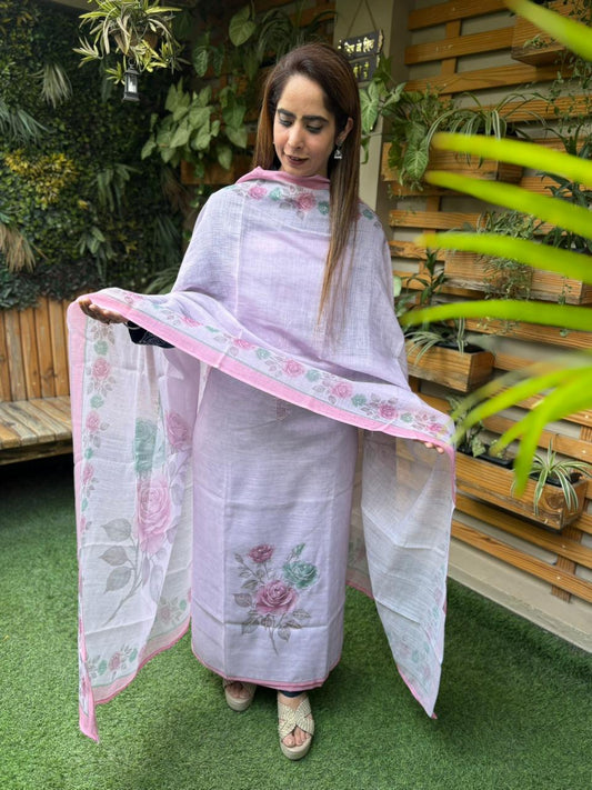 Elegance Linen Cotton Suit with Printed Dupatta & Sequin Work