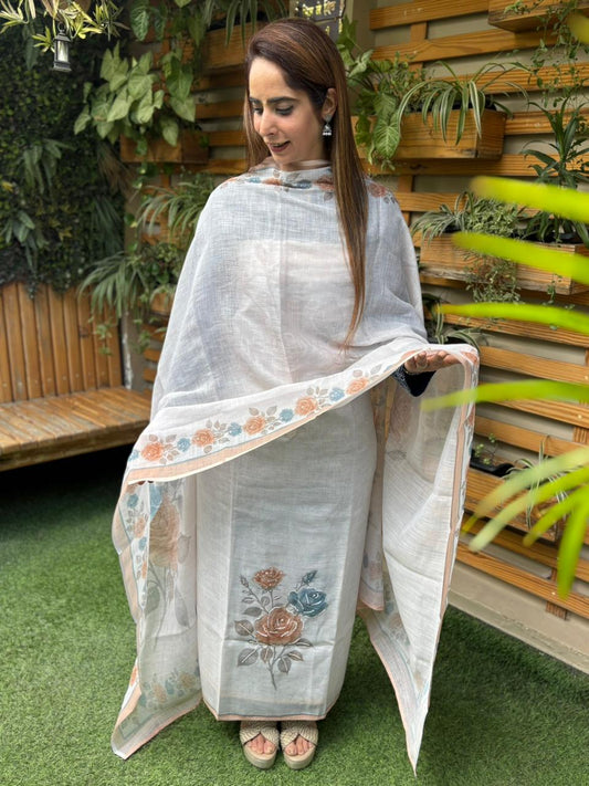 Elegance Linen Cotton Suit with Printed Dupatta & Sequin Work